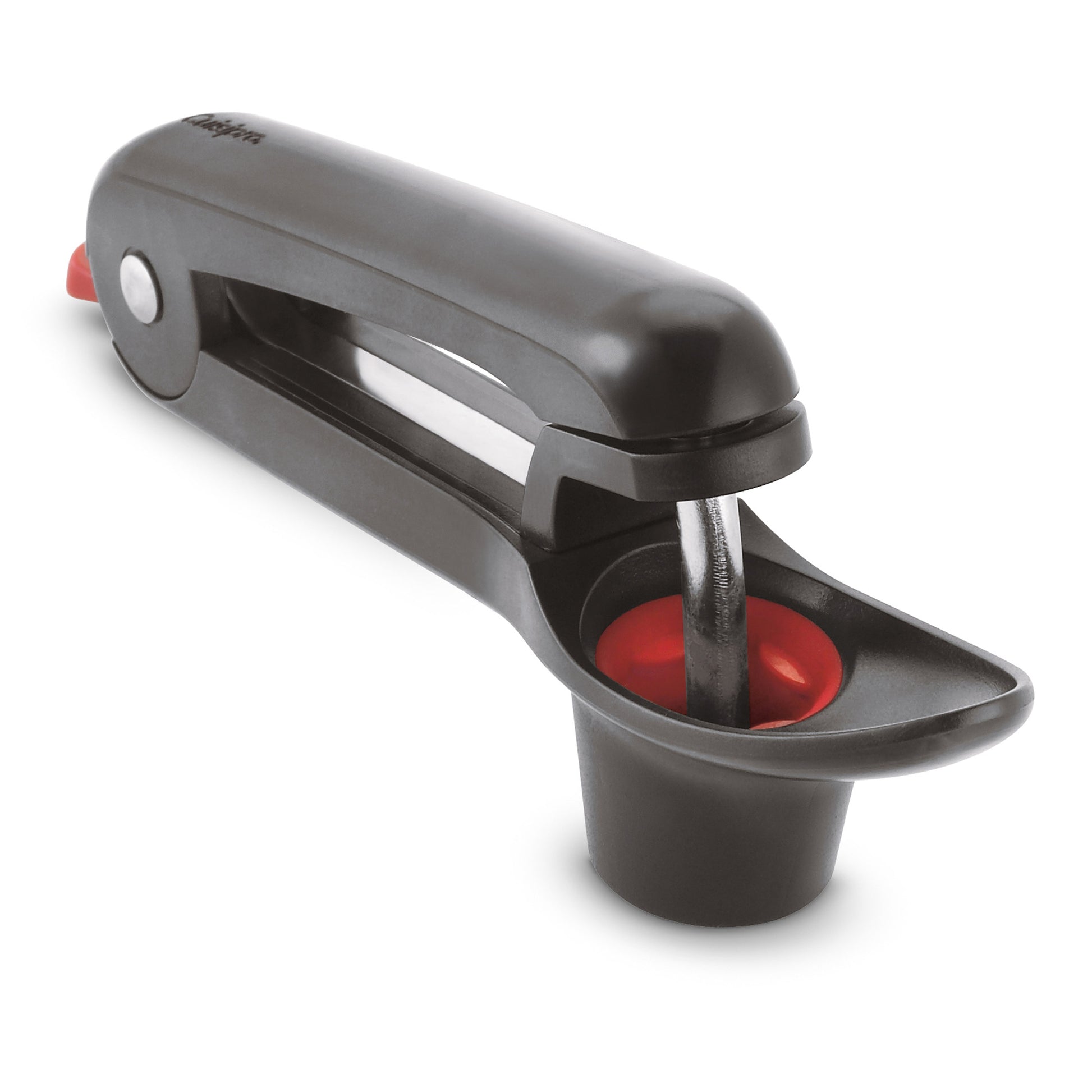 Handheld cherry and olive pitter in dark gray with red collection cup and pin