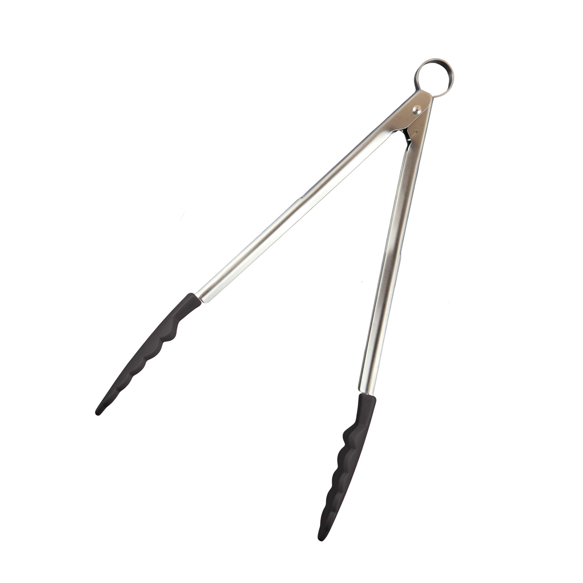 Black silicone tongs with stainless-steel handles and two black silicone grips