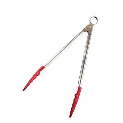 Red silicone cooking tongs with scalloped tips and metal hinged handle