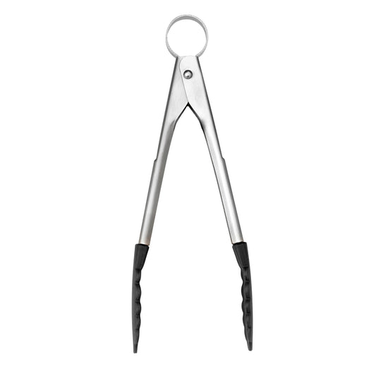 Mini silicone tongs with black silicone grips and loop handle
