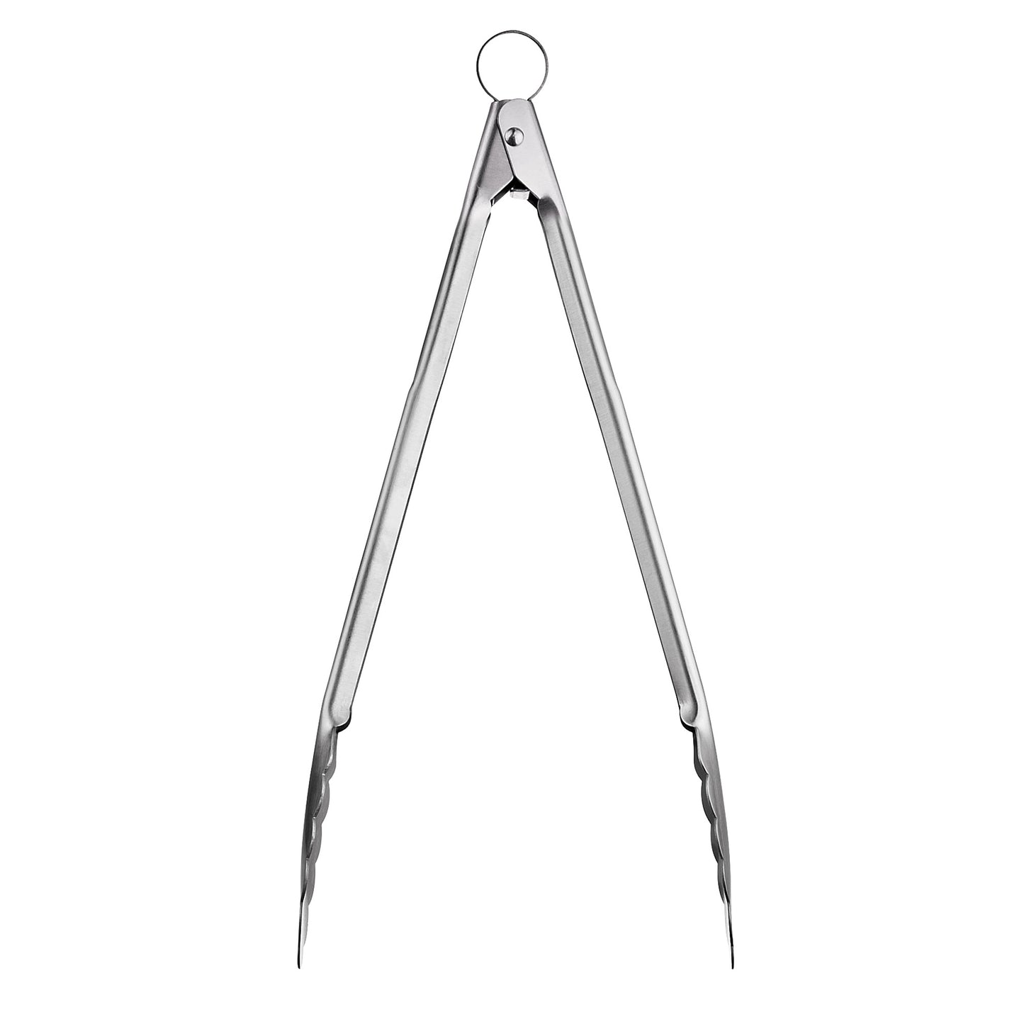 Stainless steel locking tongs with long arms and round thumb loop handle