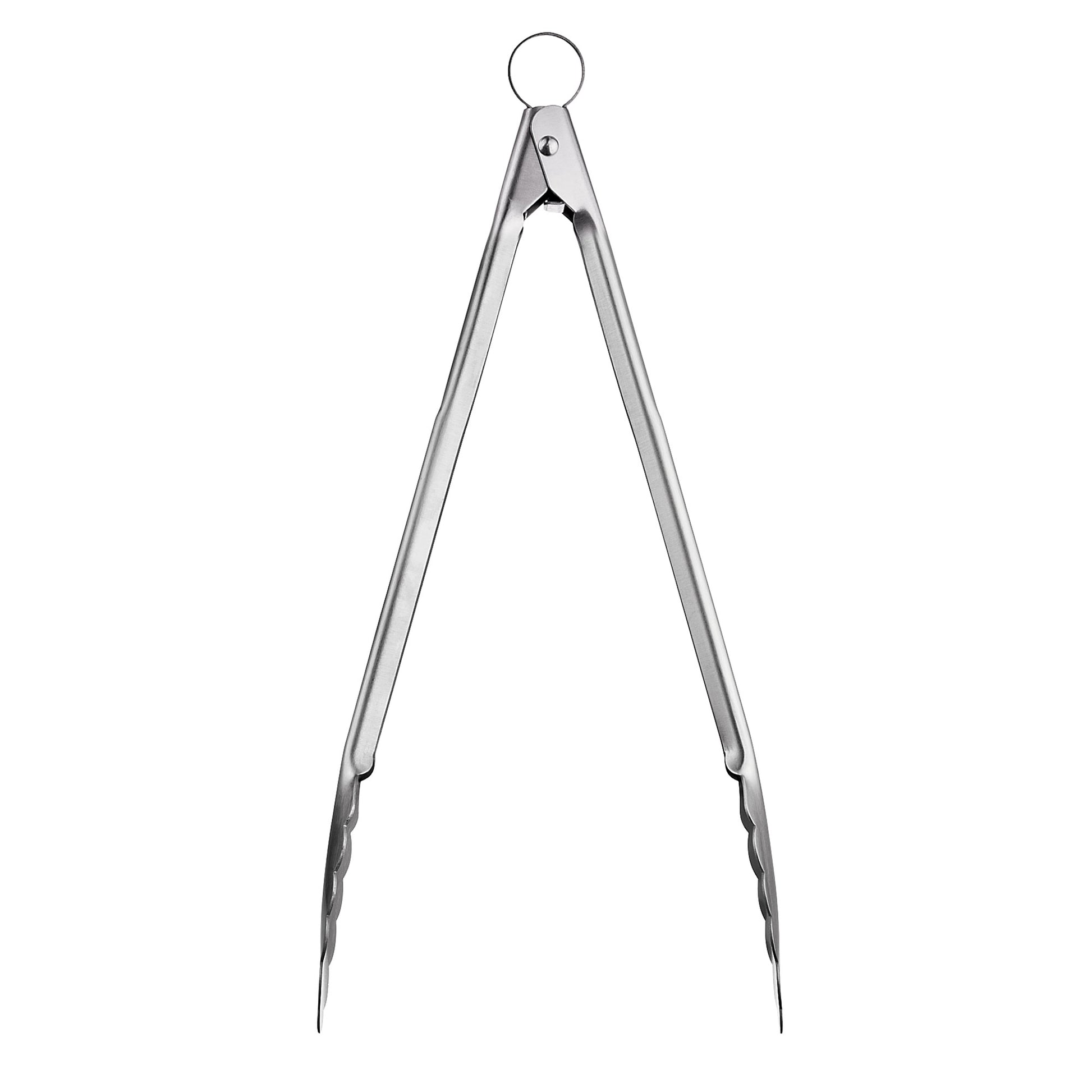 Stainless steel locking tongs with long arms and round thumb loop handle