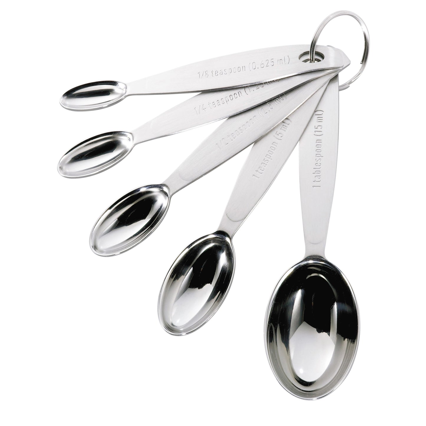 Stainless steel measuring spoon set with stamped measurements and hanging ring