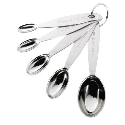 Stainless steel measuring spoon set with stamped measurements and hanging ring