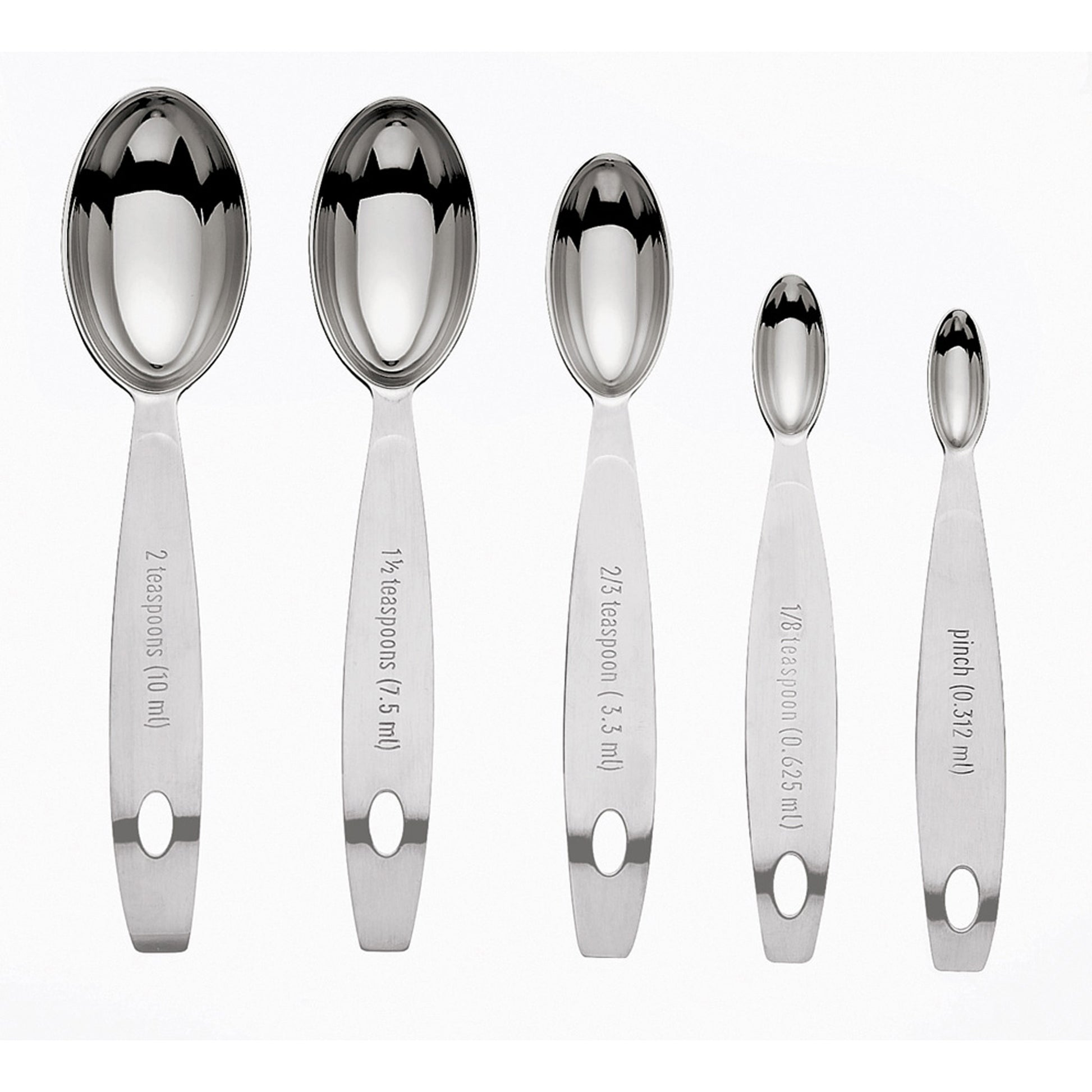 Stainless steel measuring spoons set with engraved volume markings on handles
