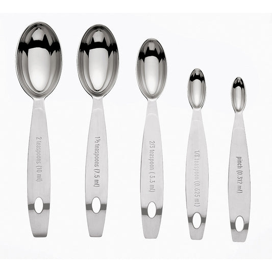 Stainless steel measuring spoons set with engraved volume markings on handles
