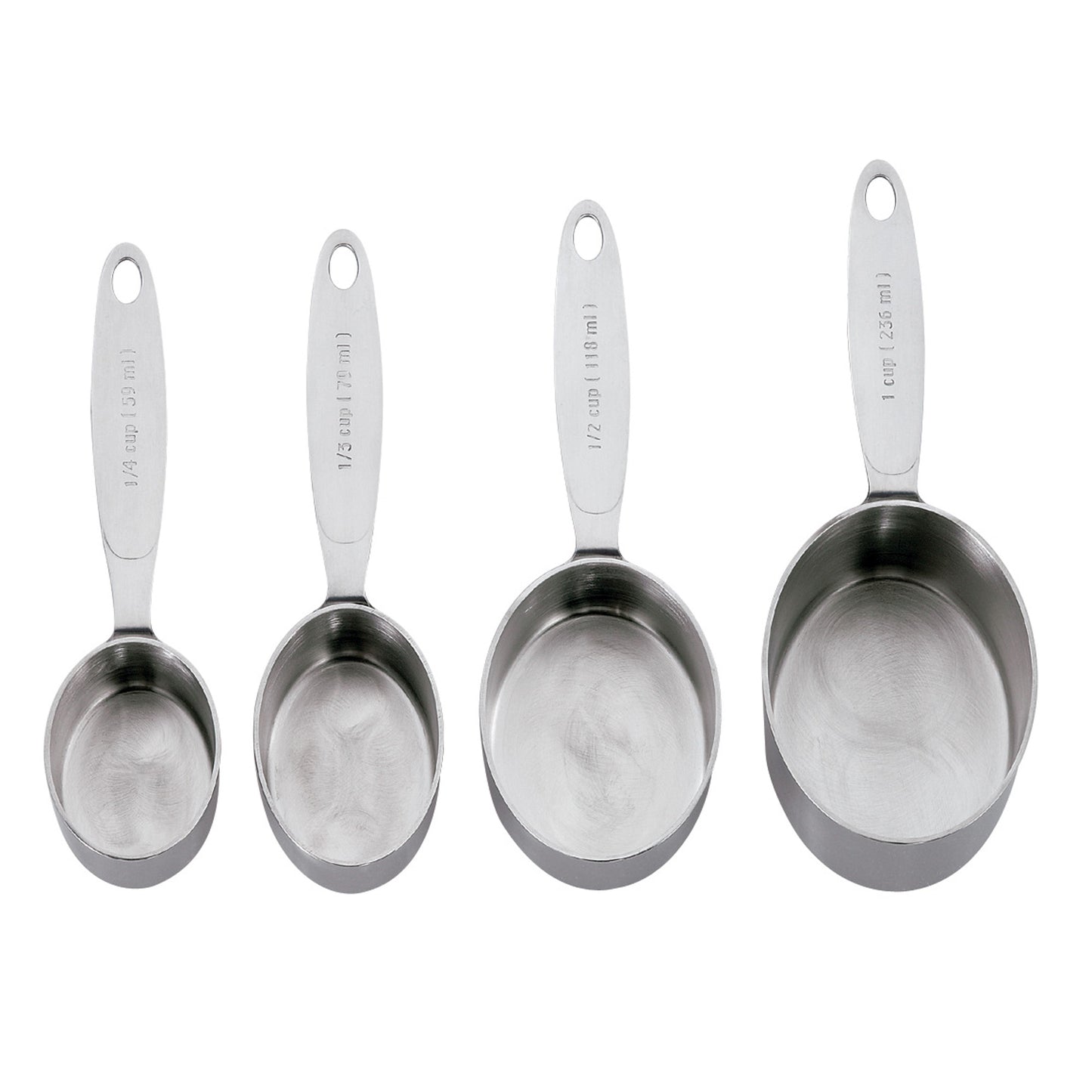 Set of four stainless steel measuring cups with loop handles