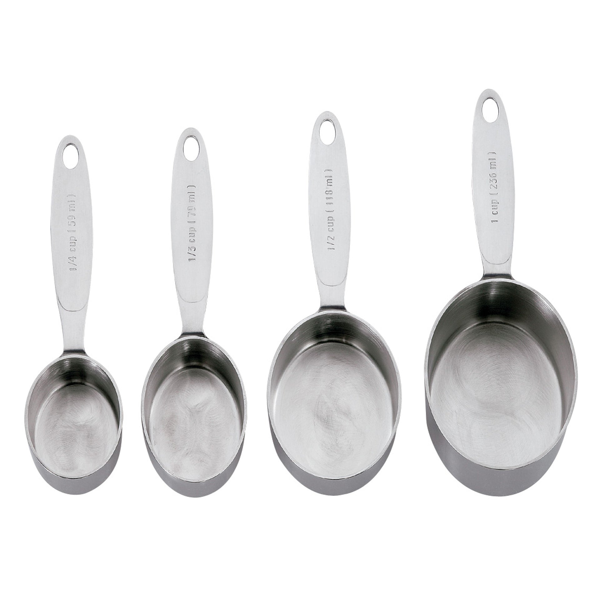 Set of four stainless steel measuring cups with loop handles