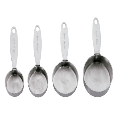 Set of four stainless steel measuring cups with loop handles