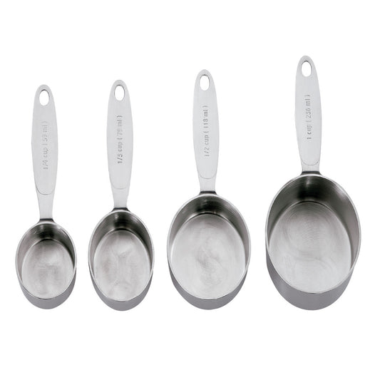 Set of four stainless steel measuring cups with loop handles
