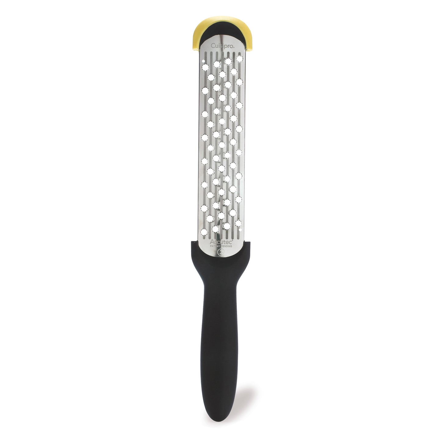 Rasp grater with starburst grating pattern and black handle