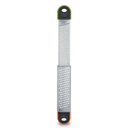 Dual grater with stacked stainless grating plates and hanging loop, green handle