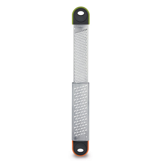Dual grater with stacked stainless grating plates and hanging loop, green handle