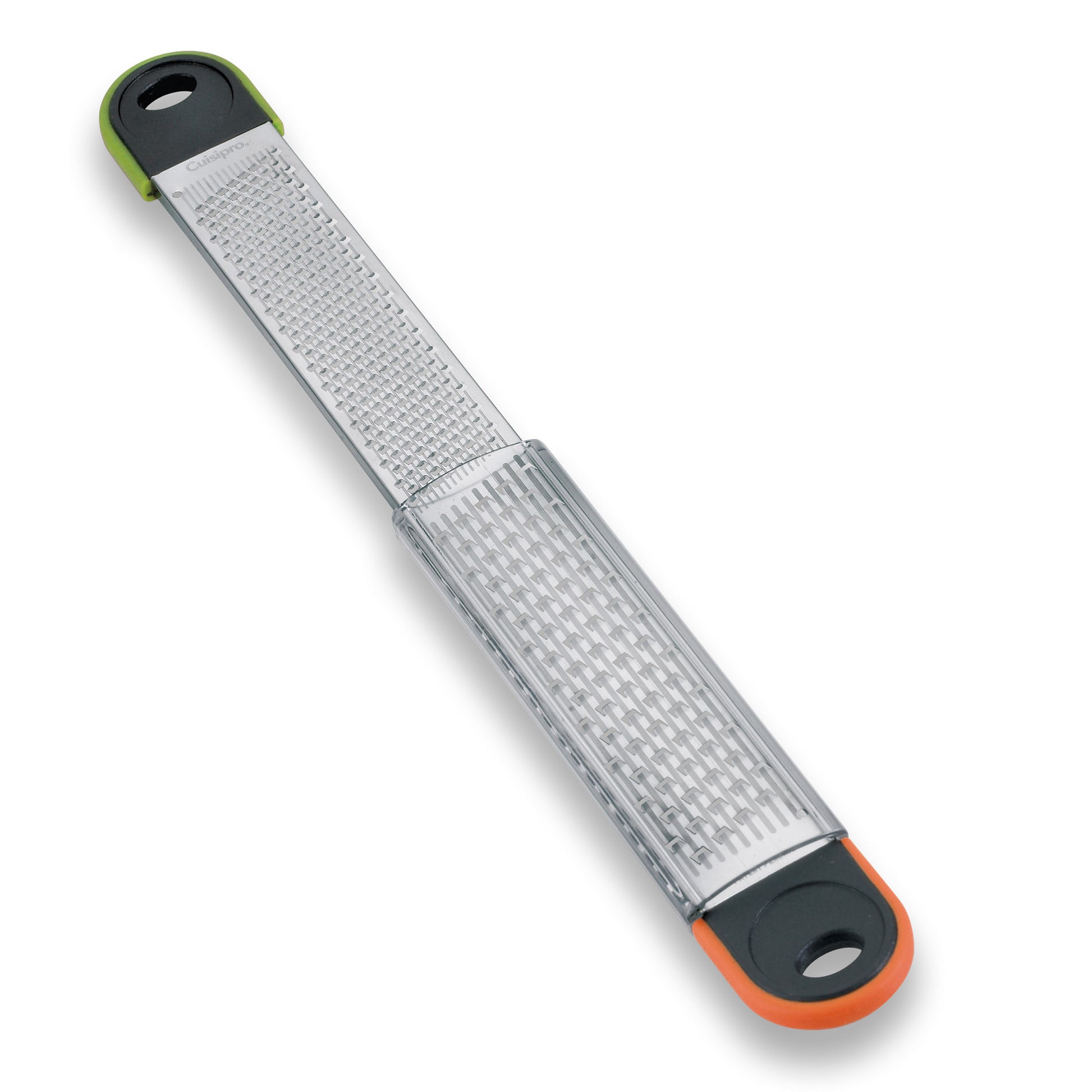 Dual grater with fine and coarse stainless shredding surfaces, green handle accents
