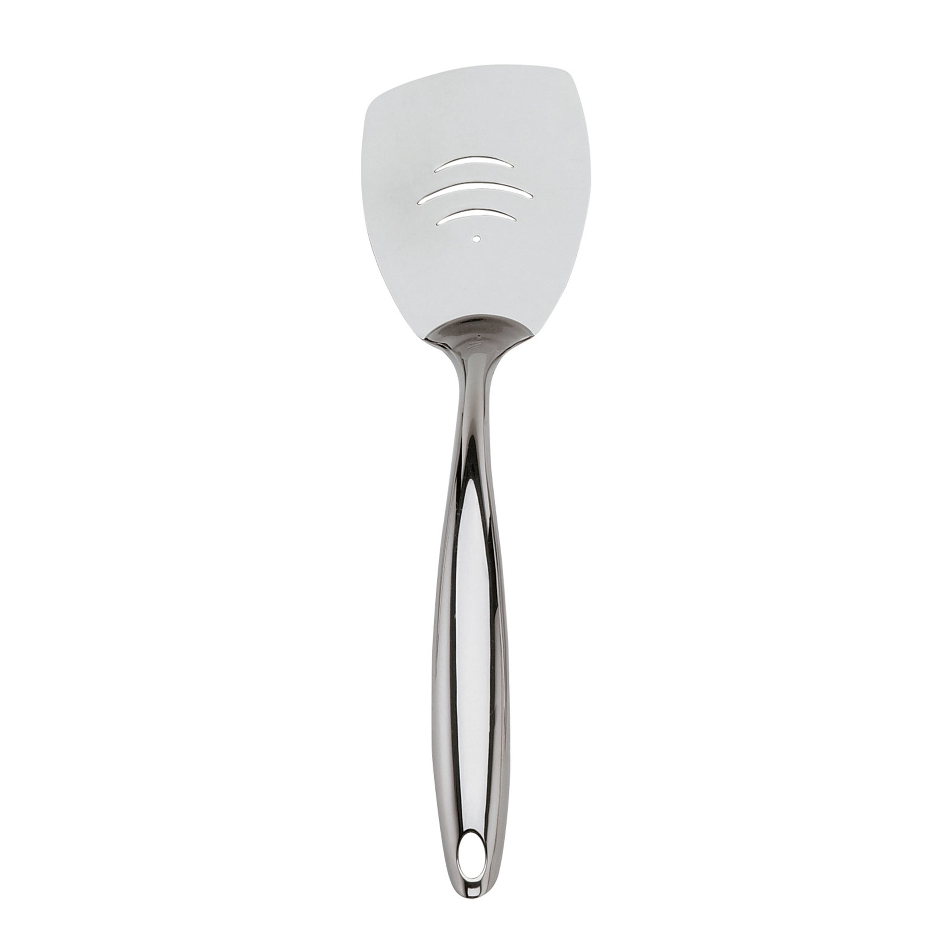 Stainless steel slotted turner spatula with arched, perforated head