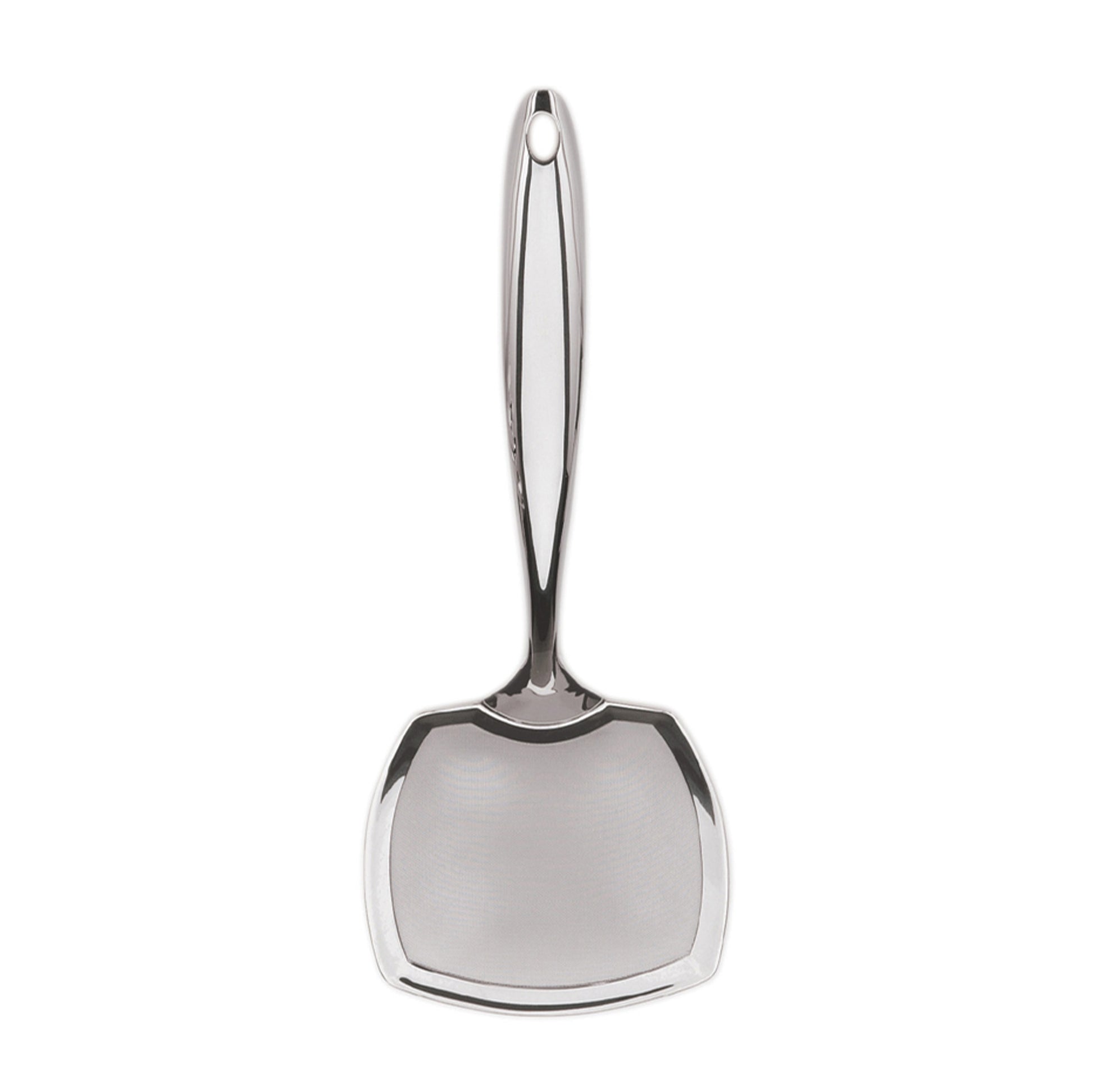 Stainless steel mesh skimmer with long handle and flat scooping head