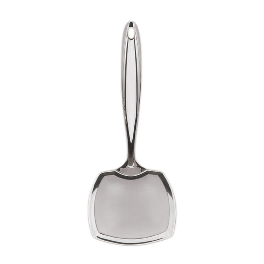 Stainless steel mesh skimmer with long handle and flat scooping head