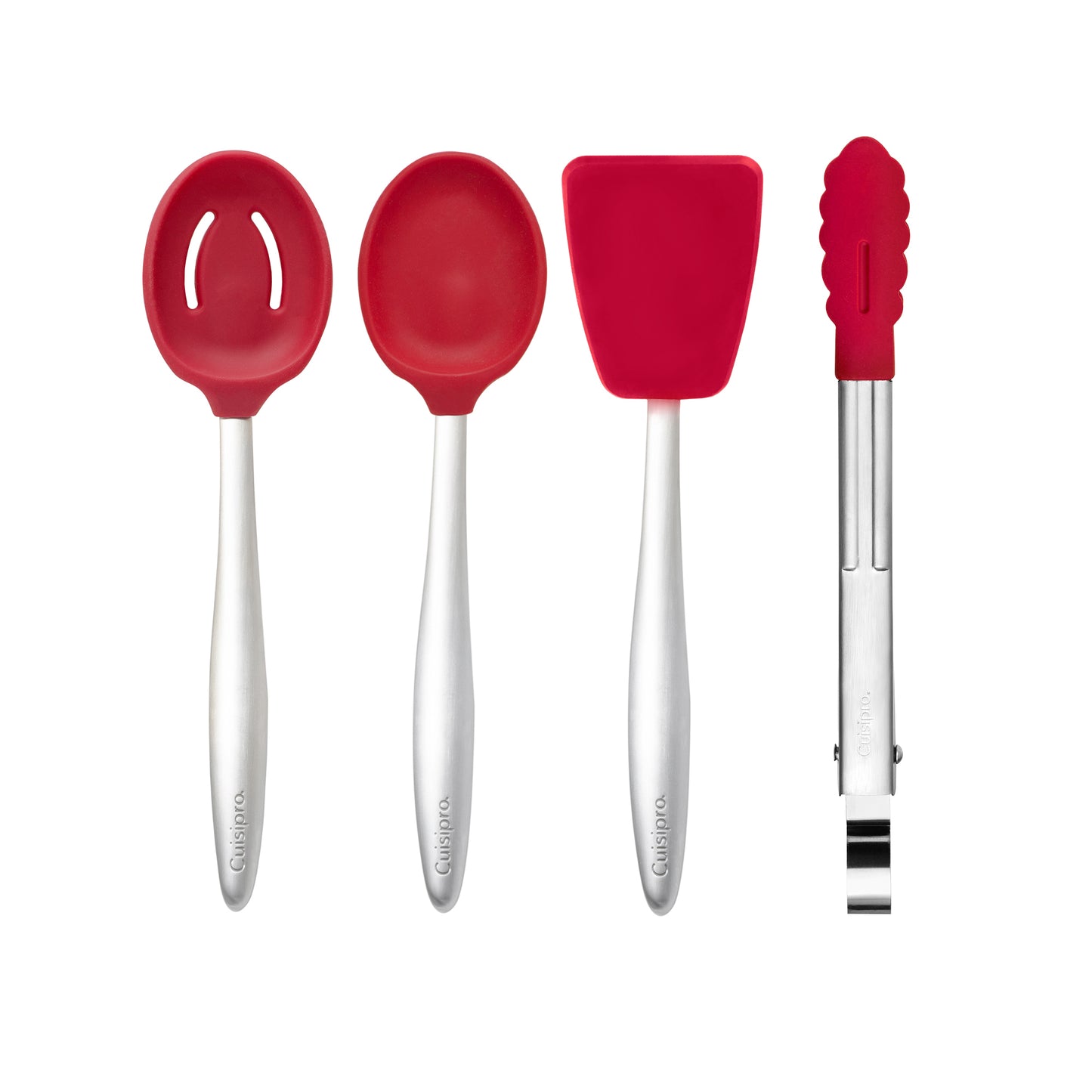 Mini cooking utensils set, 4 red-and-white pieces with metal handles