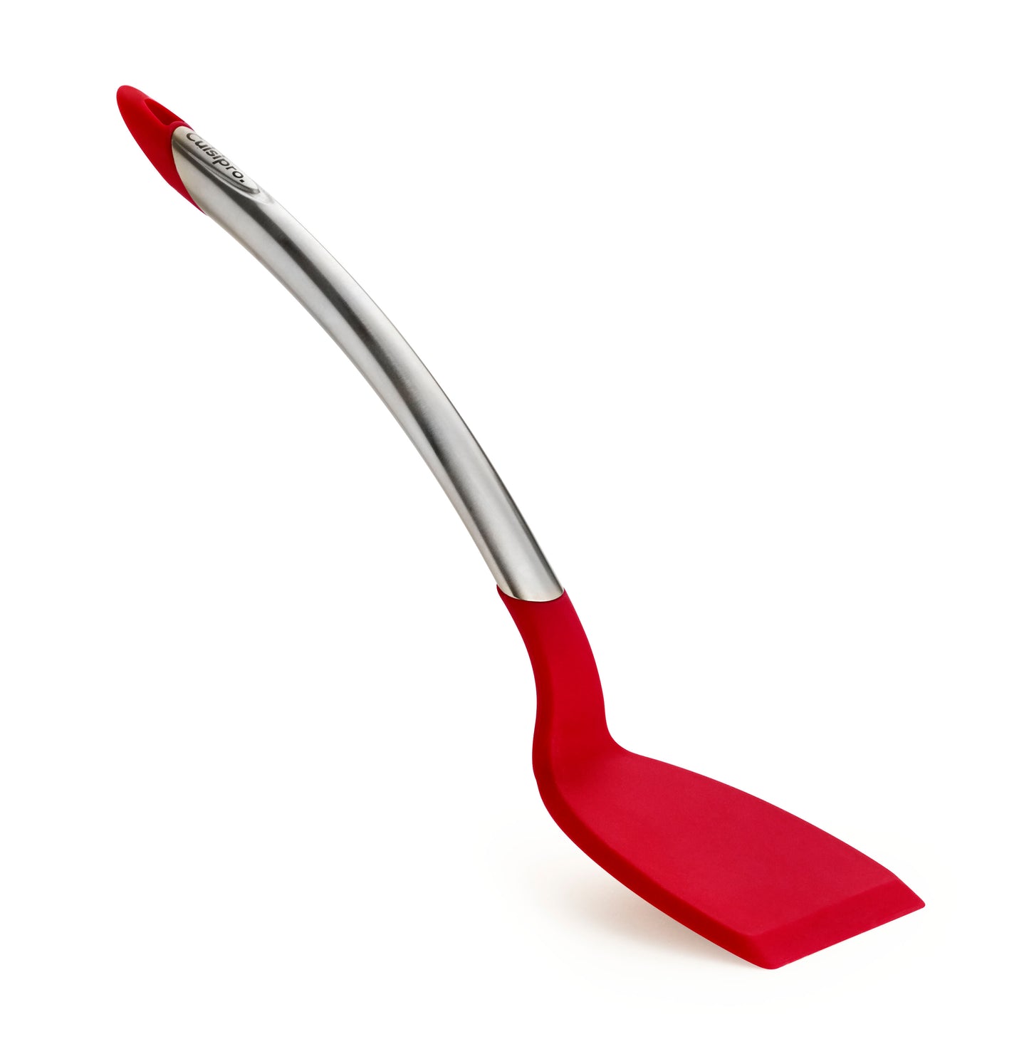 Silicone spatula turner with red head and silver handle, flexible for cooking
