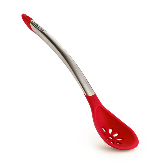 Piccolo silicone slotted spoon with curved red perforated ladle and stainless back