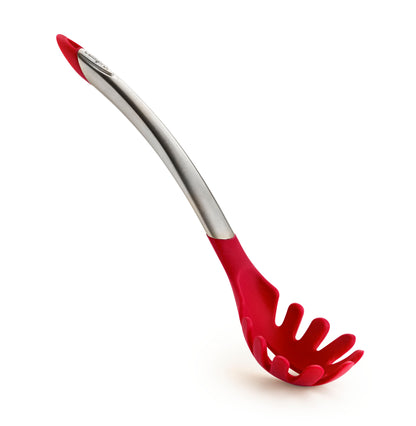 Piccolo silicone spaghetti server with red perforated head and grey handle
