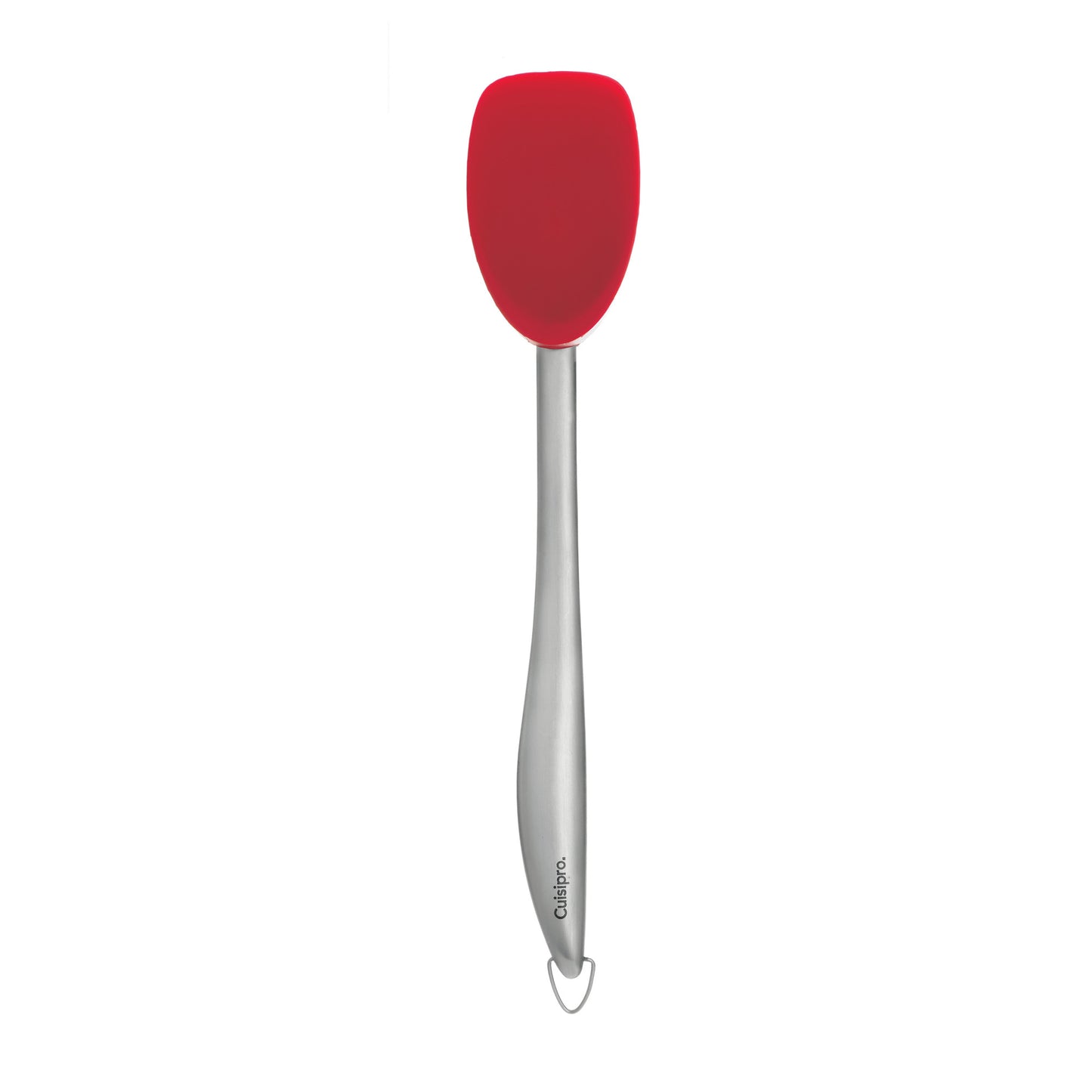 Red silicone spoon head with stainless-steel handle and hanging loop