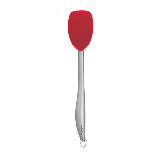 Red silicone spoon head with stainless-steel handle and hanging loop
