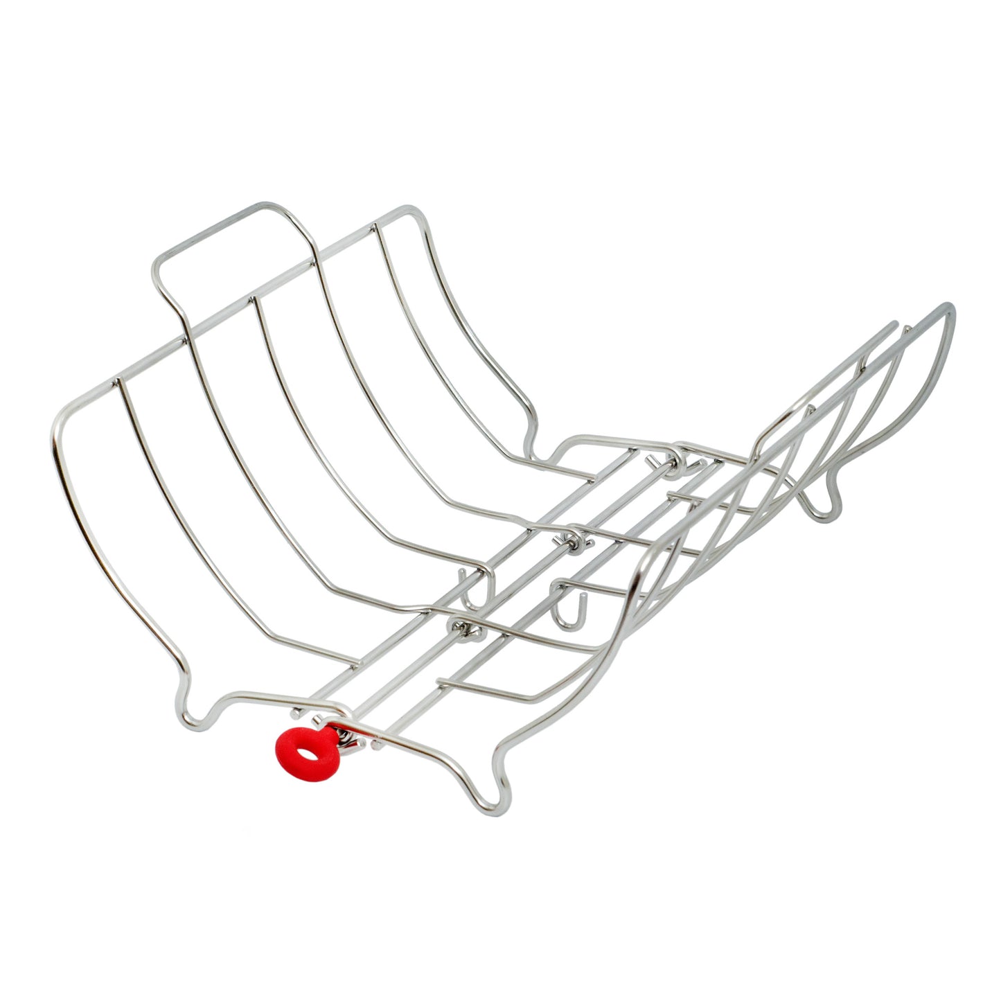 Stainless steel roasting rack with curved wire bars and small feet