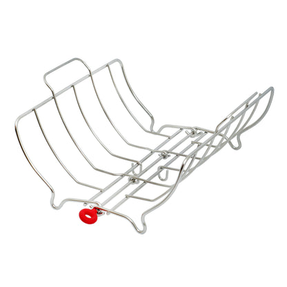 Stainless steel roasting rack with curved wire bars and small feet