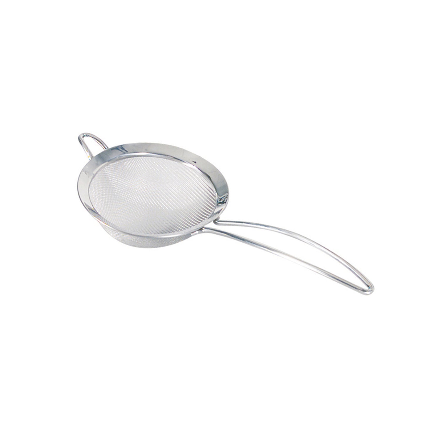 Stainless steel mesh strainer with long handle, oval basket and hanging loop