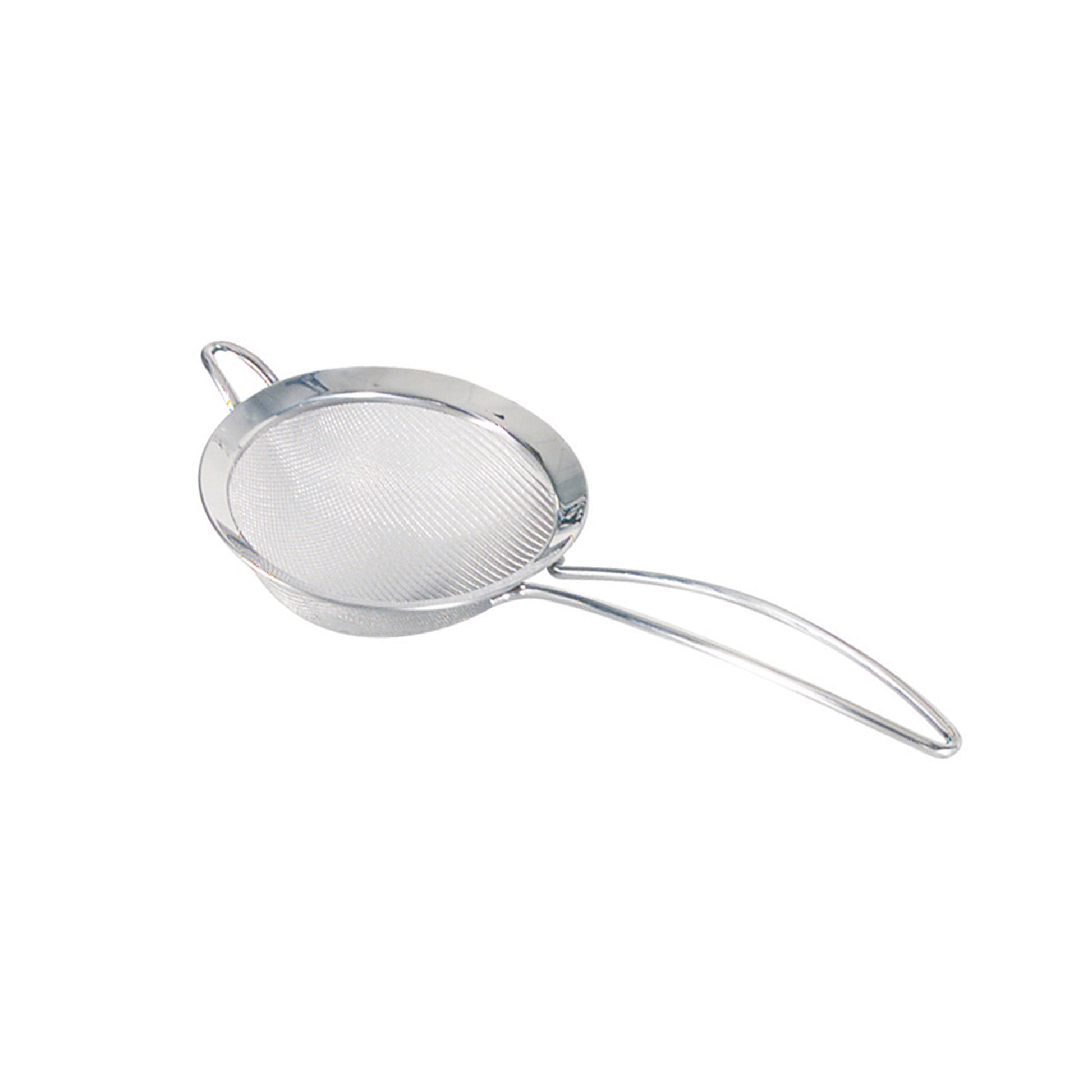 Stainless steel mesh strainer with long handle, oval basket and hanging loop