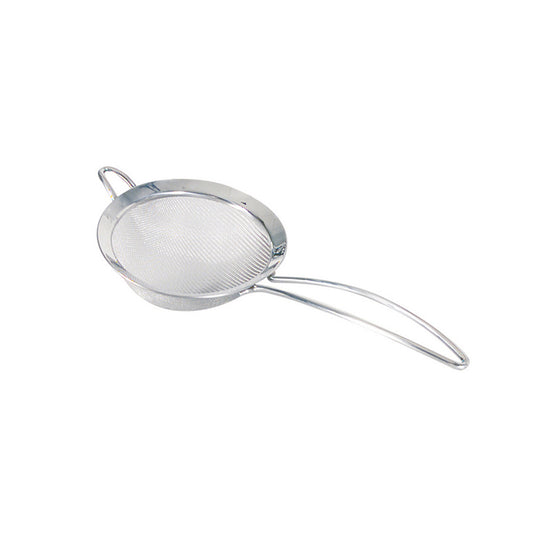 Stainless steel mesh strainer with long handle, oval basket and hanging loop