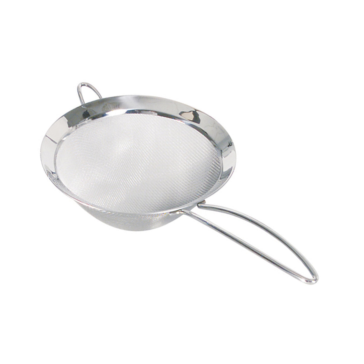 Oval stainless steel mesh strainer with long handle and wide rim ring, flat mesh bowl