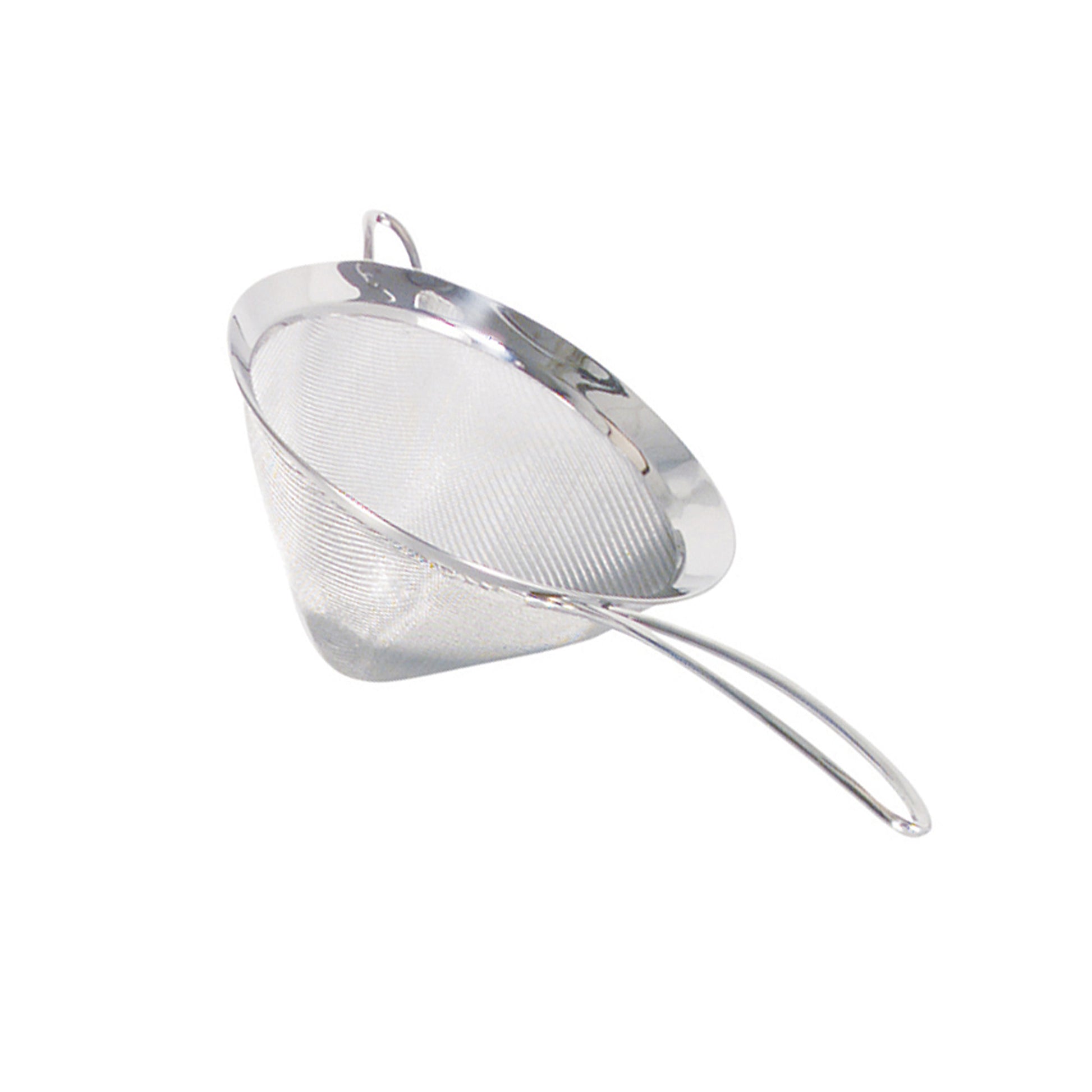 Cone-shaped metal mesh strainer with long handle and hanging loop