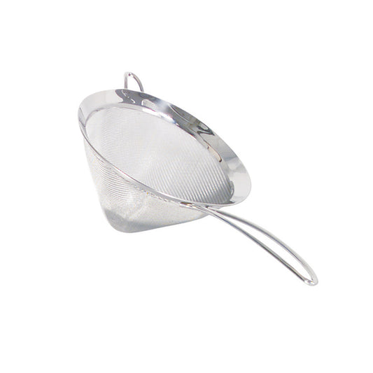 Cone-shaped metal mesh strainer with long handle and hanging loop