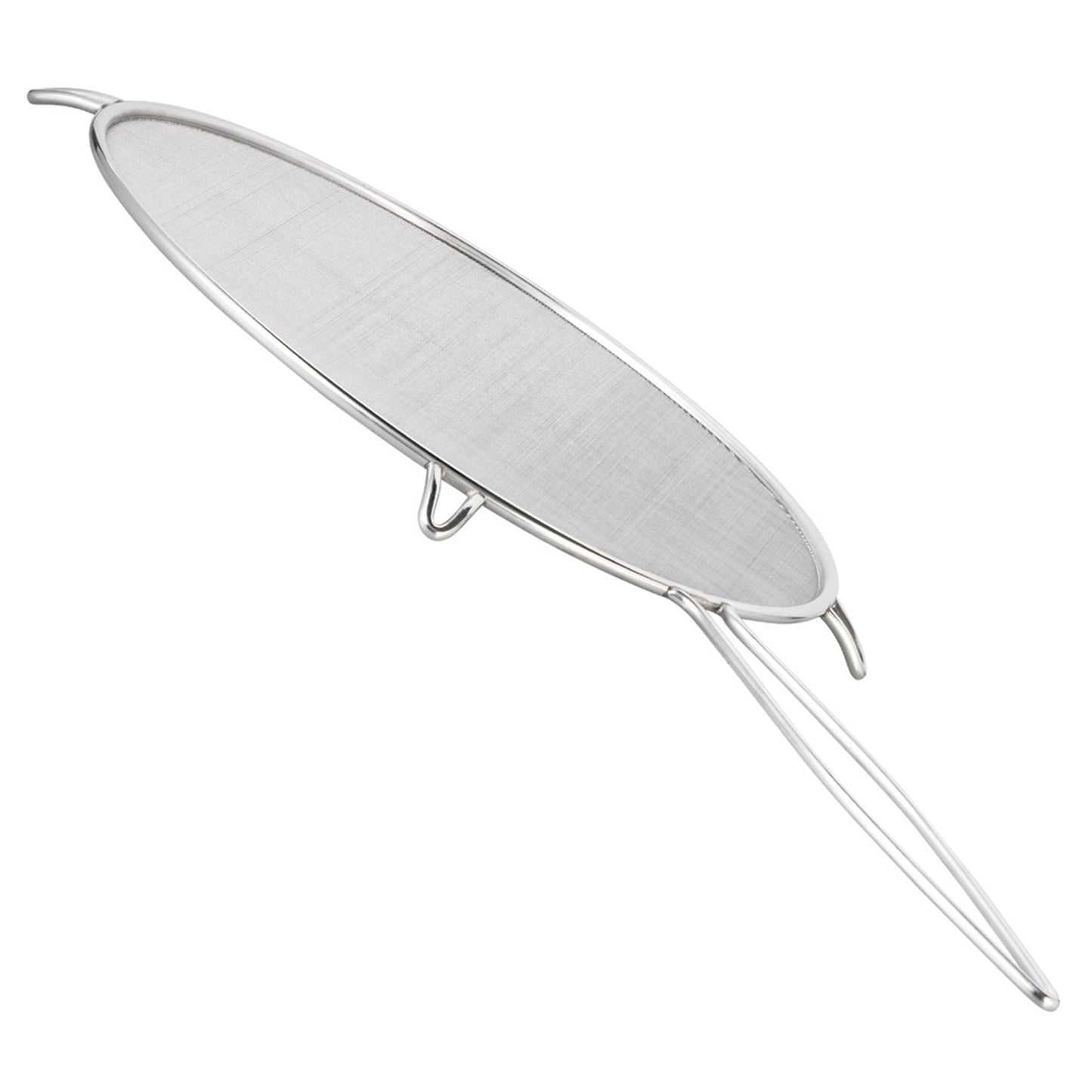 Oval wire splatter screen with two side loops and long legs