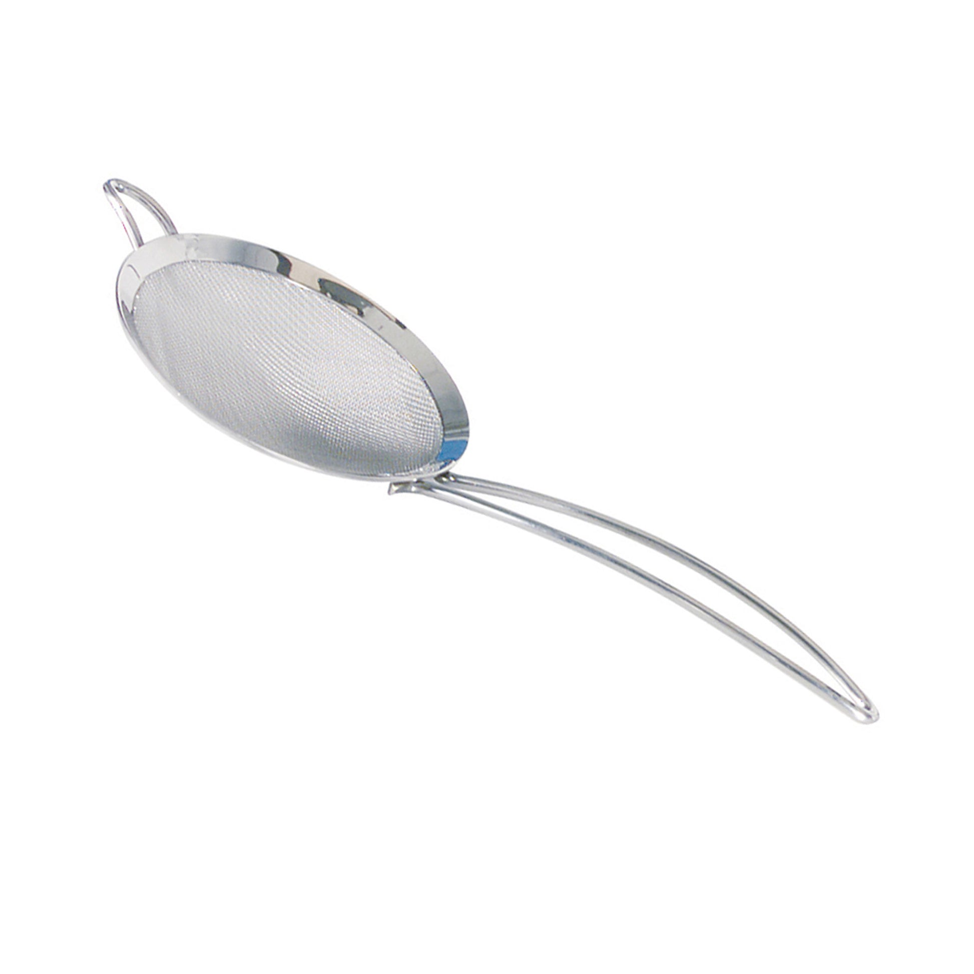 Mesh skimmer with round metal mesh bowl and long silver handle