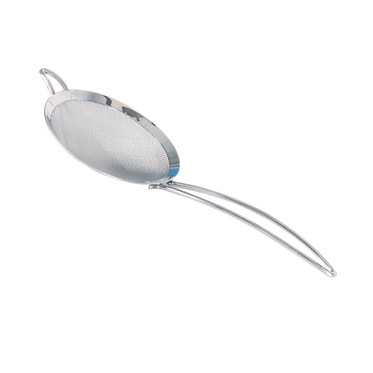 Mesh skimmer with round metal mesh bowl and long silver handle