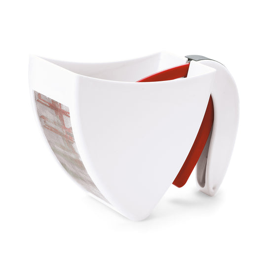 White flour sifter body with mesh panel and red handle loop