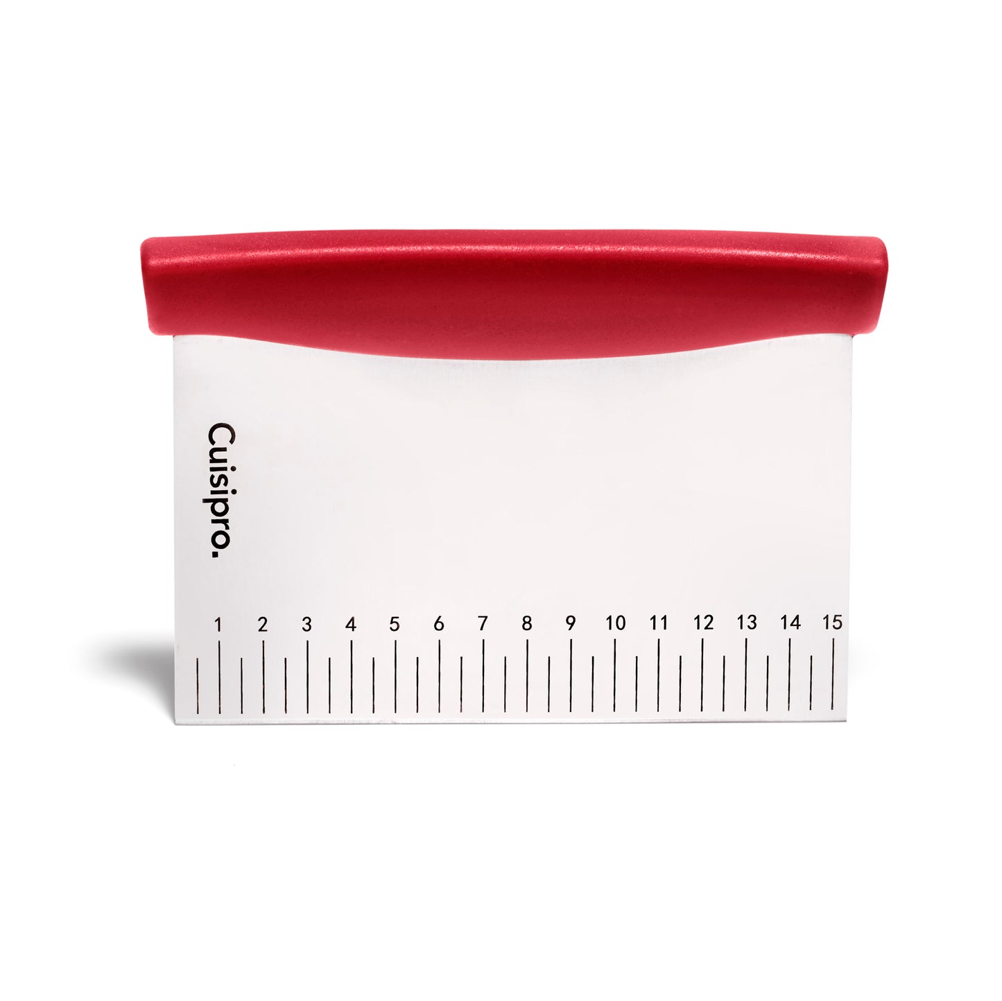 Dough cutter with red handle and white measuring guide, ruler markings up to 15