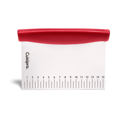 Dough cutter with red handle and white measuring guide, ruler markings up to 15
