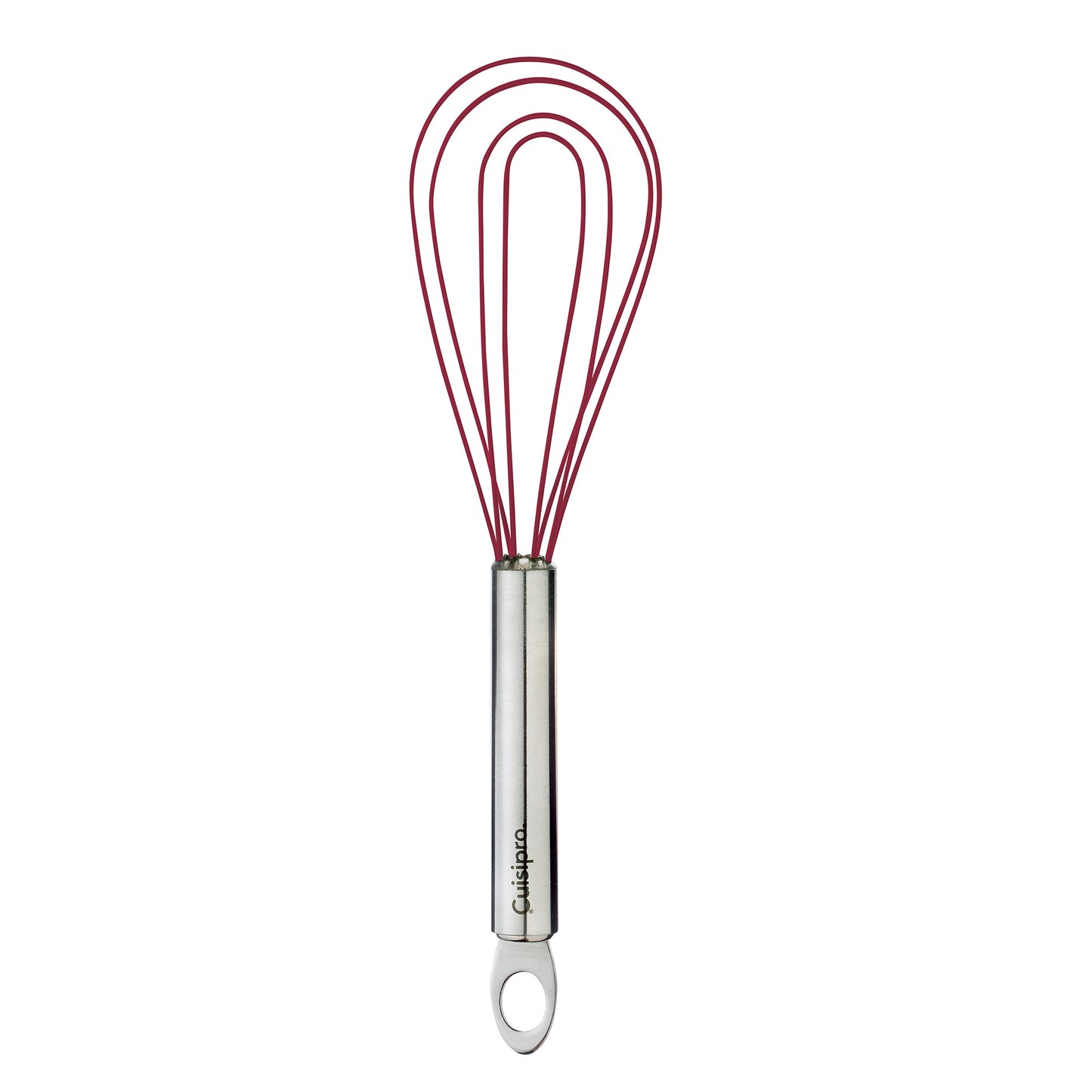 Red silicone flat whisk with stainless-steel handle and loop hanging end