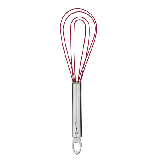 Red silicone flat whisk with stainless-steel handle and loop hanging end