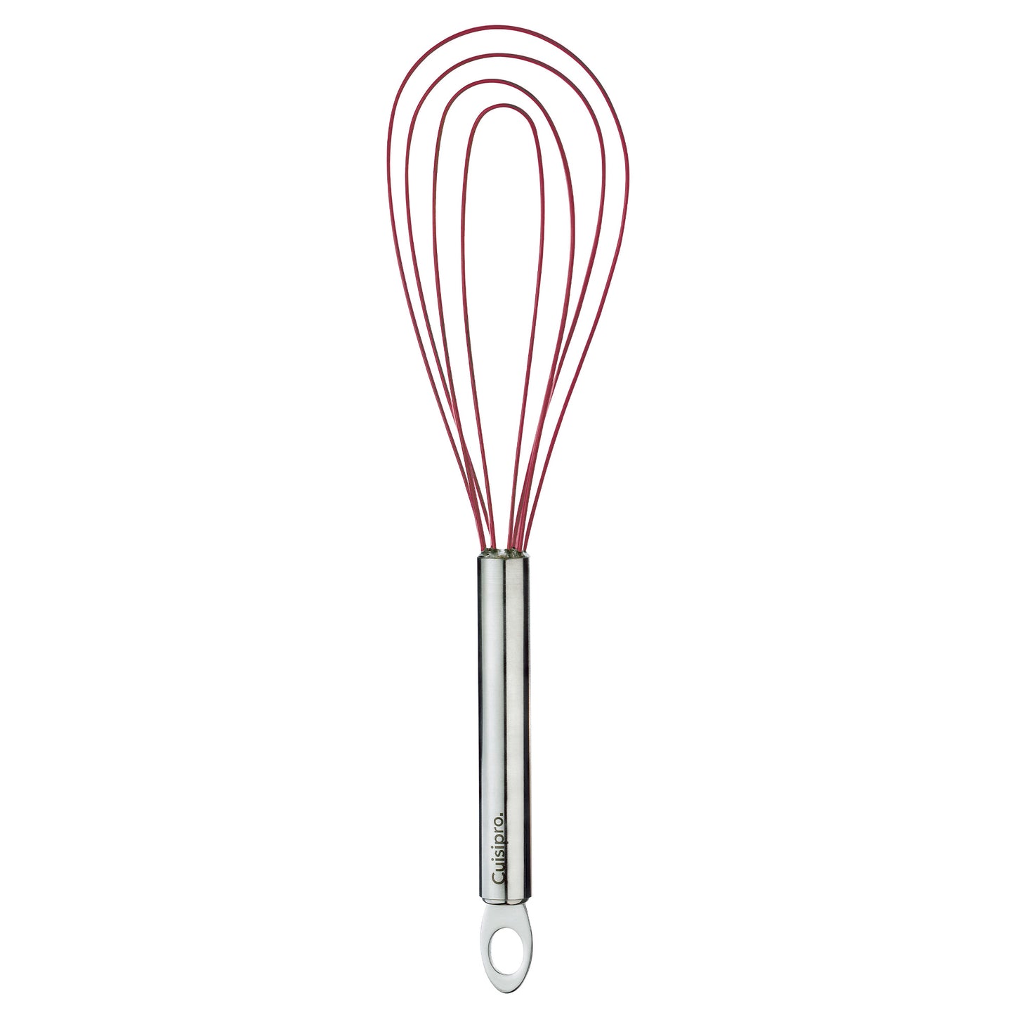 Red silicone whisk with stainless-steel handle and circular loop at the end