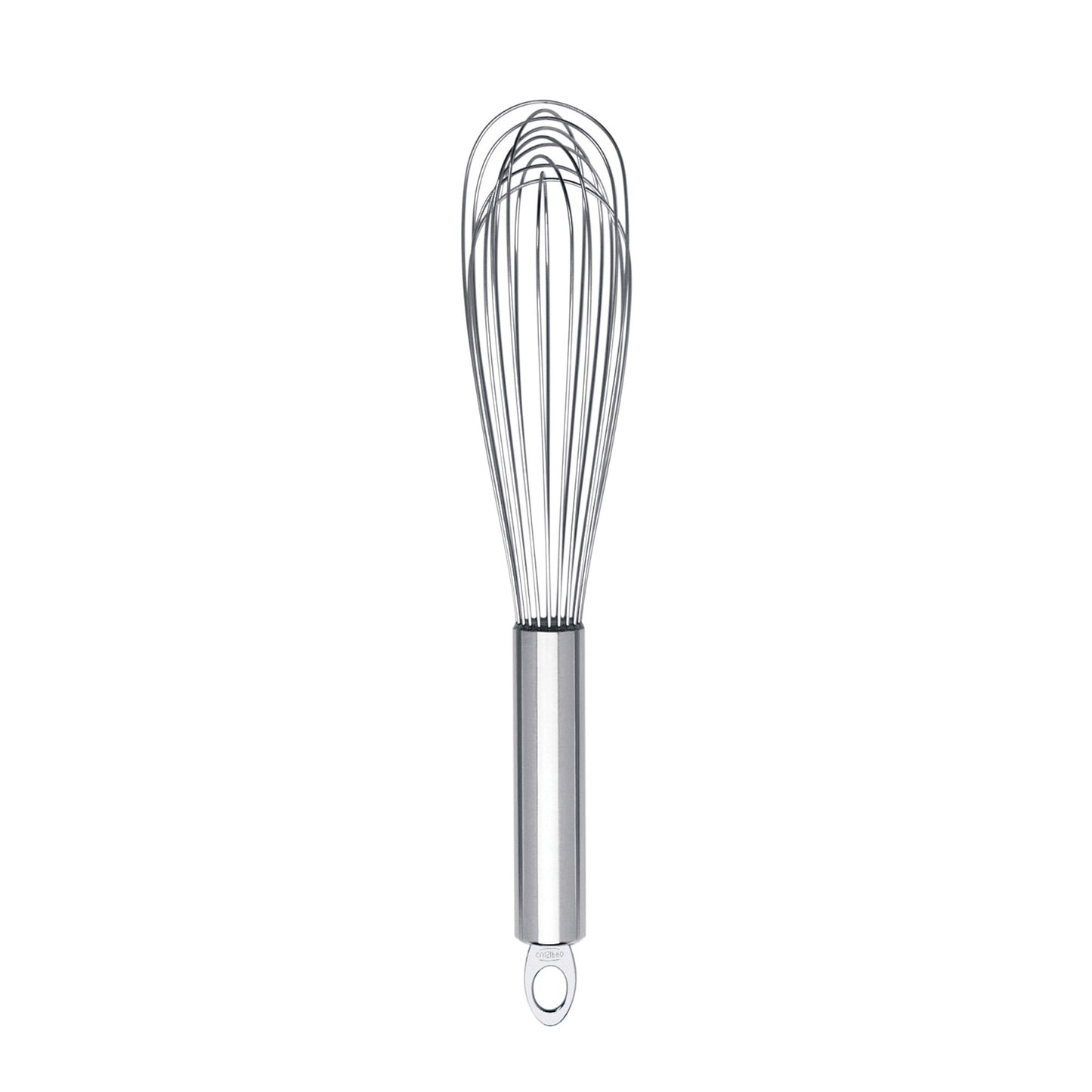 Stainless steel egg whisk with wire loops and handle, hanging loop end