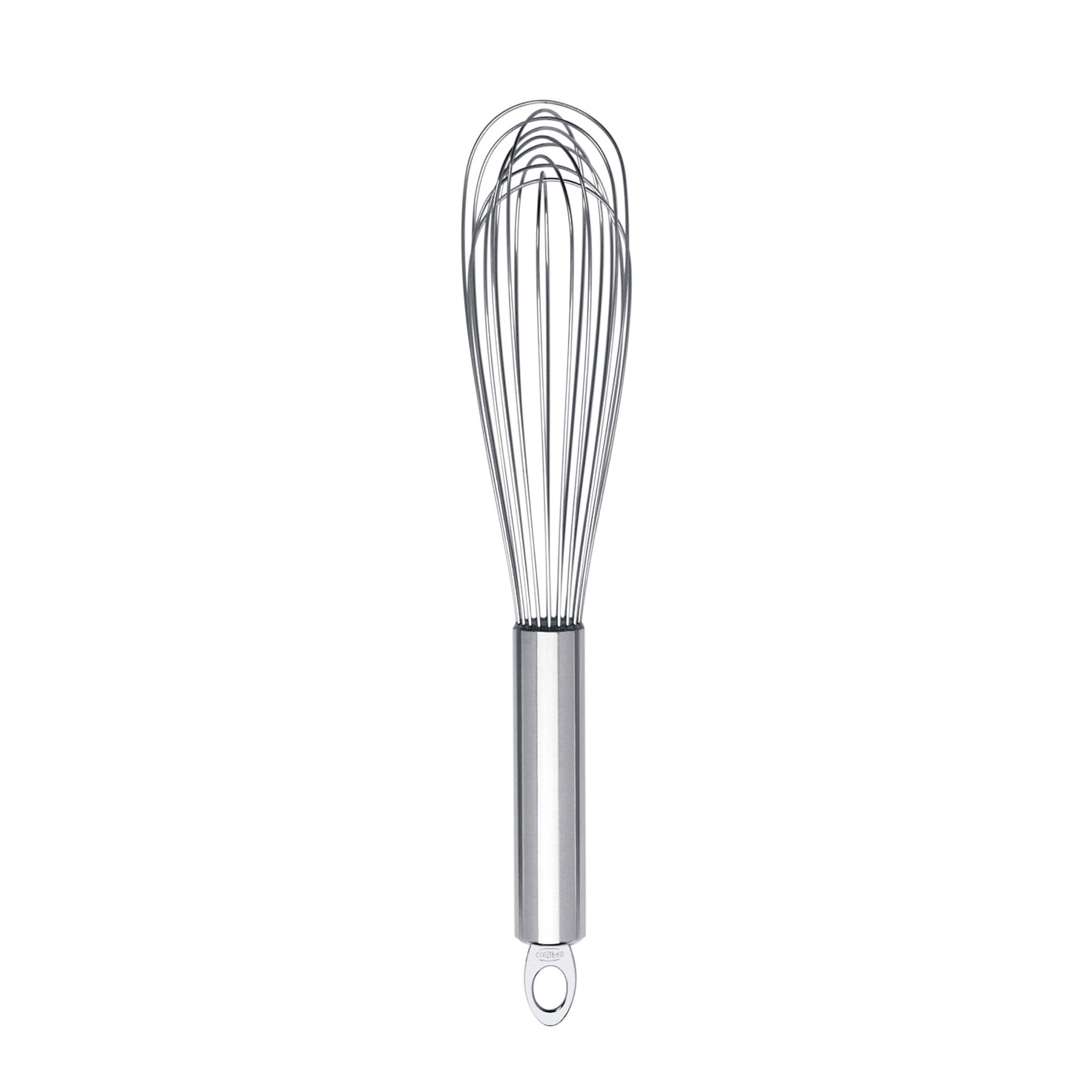 Stainless steel egg whisk with wire loops and handle, hanging loop end