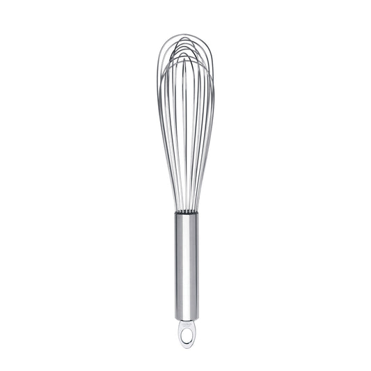 Stainless steel egg whisk with wire loops and handle, hanging loop end