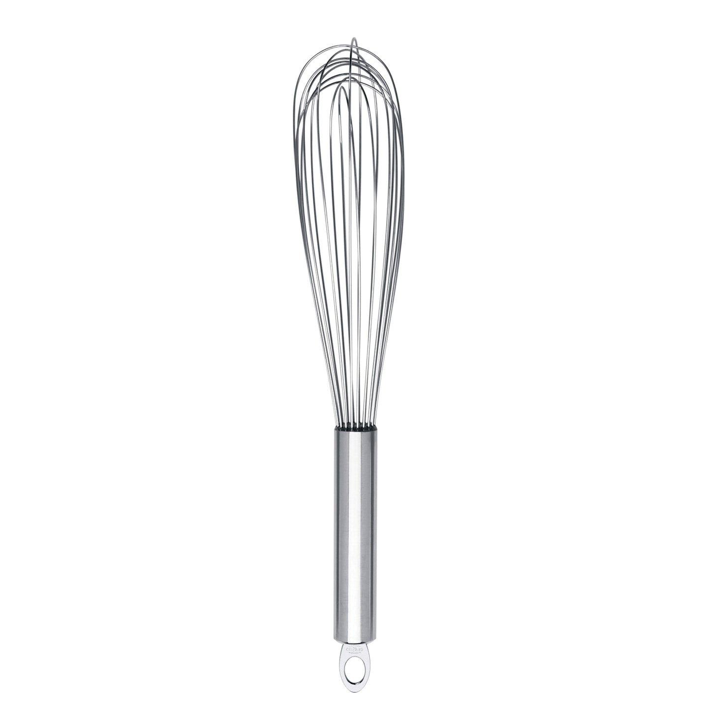 Stainless steel egg whisk, wire whisk head and smooth metal handle with hanging loop