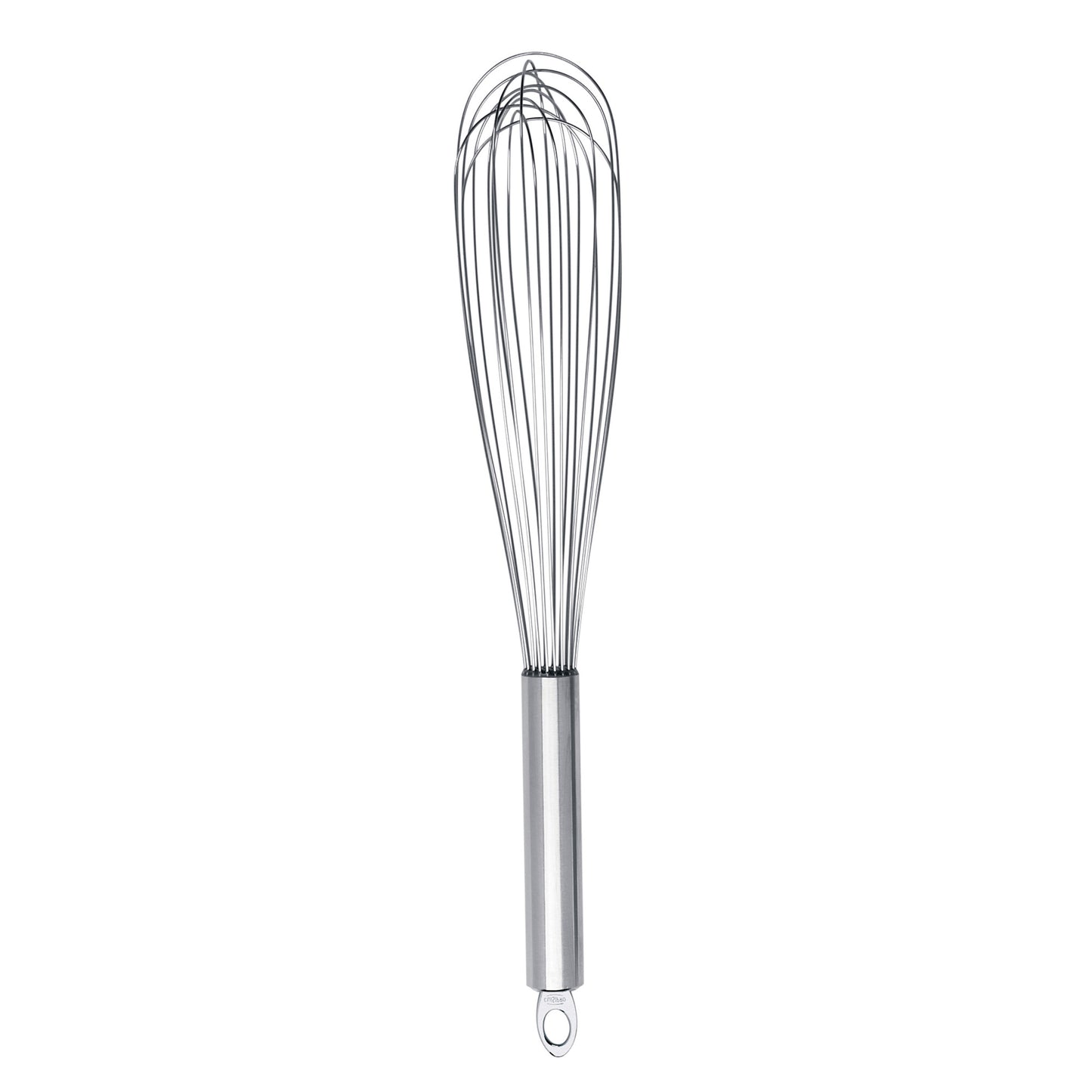 Stainless steel egg whisk with wire loops and long handle, loop attachment at end