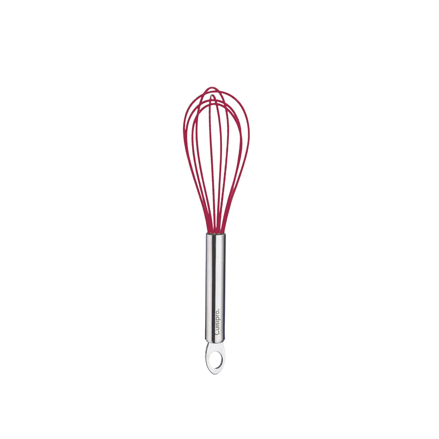 Red silicone egg whisk with stainless handle and loop, compact view of whisk head
